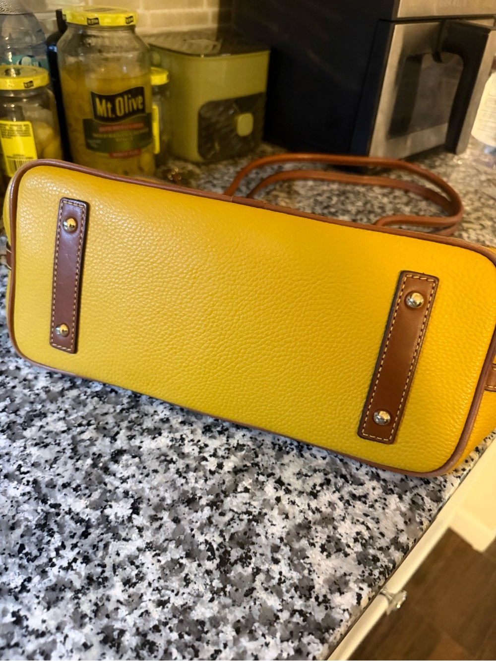 Dooney & Bourke Yellow Leather Tote with Brown Trim and DB Charm (Imitation) - Picture 6 of 6